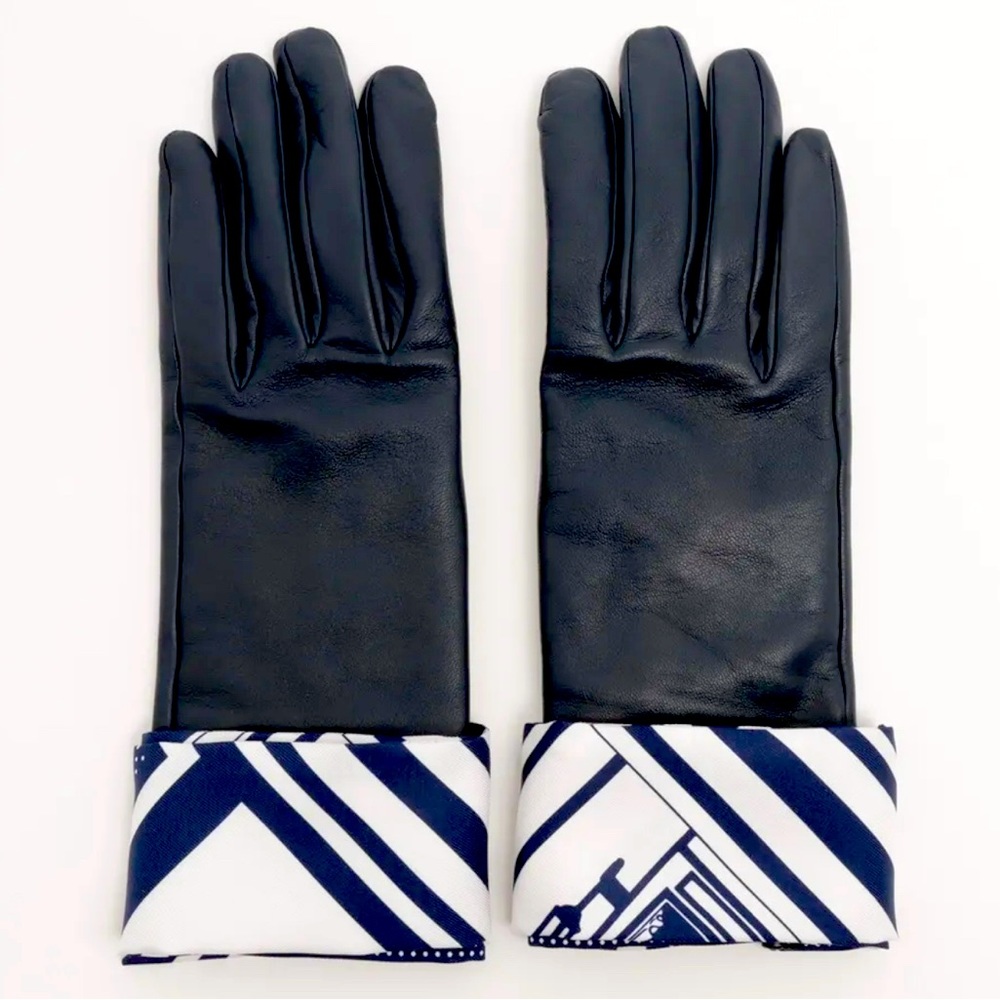 Hermes Gloves Lambskin Navy Blue With Silk Ribbon Twilly Wrist Trim